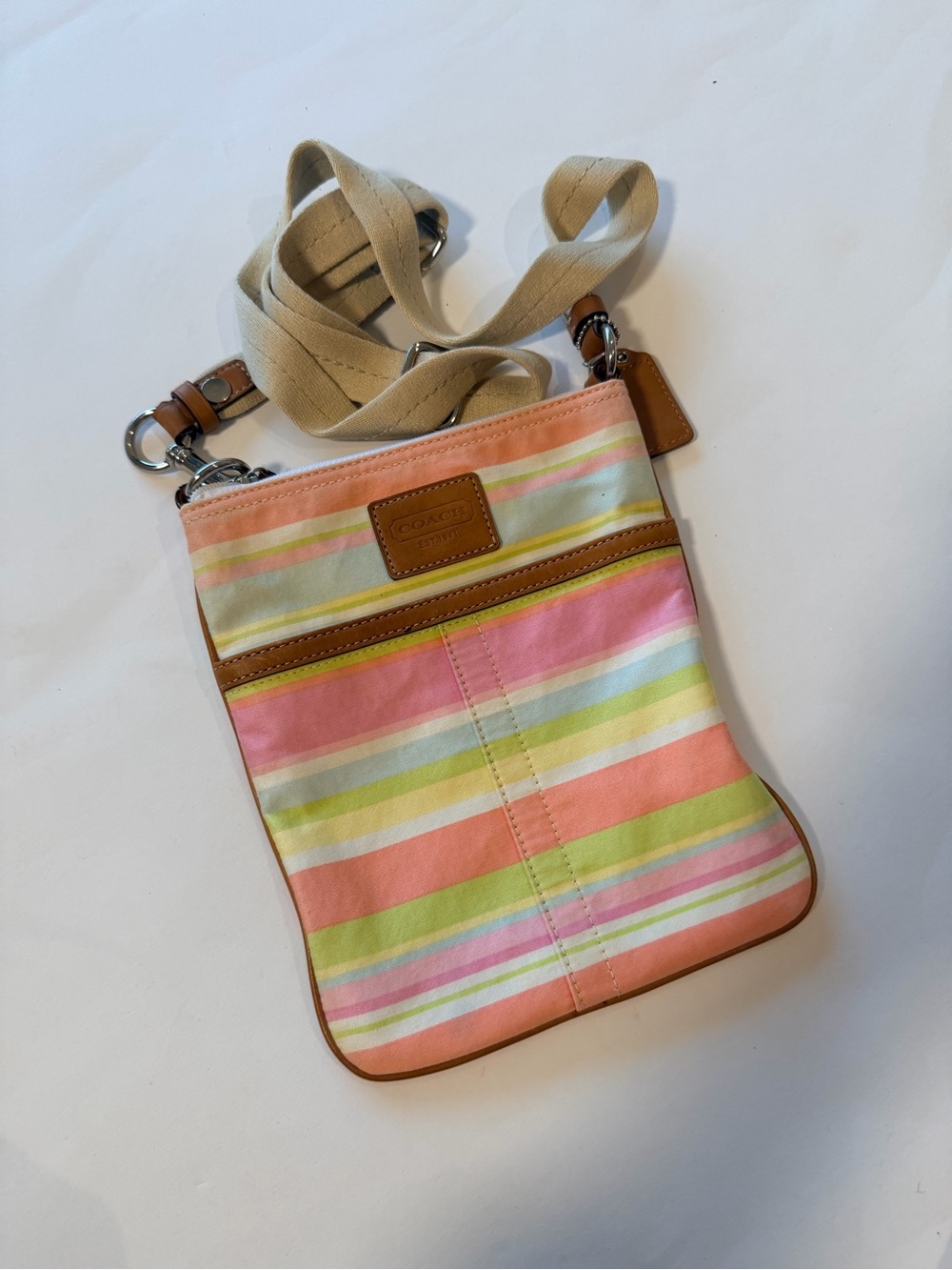 Coach Pastel Multicolor Striped Crossbody Bag Y2K Leather Trim